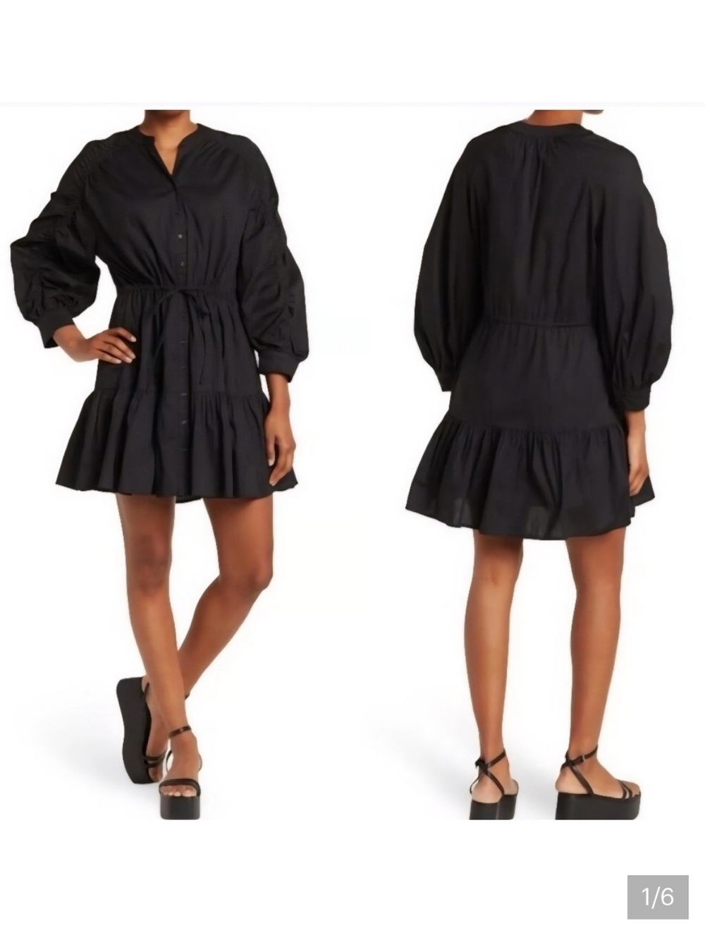 Astr the label Black Cotton Mini Dress with Ruched Sleeves